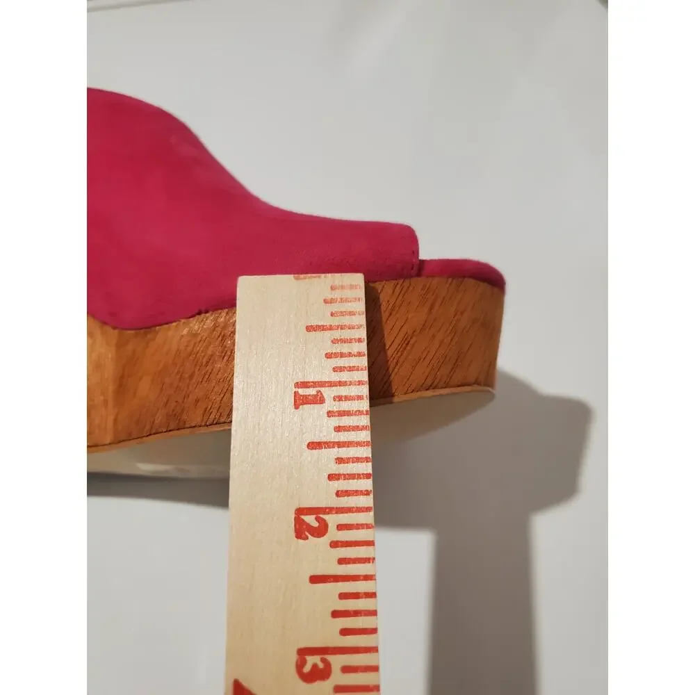 Anthropologie Bow Back Suede Leather Wood Wedge Sandal Size 6M Hot Pink Open Toe